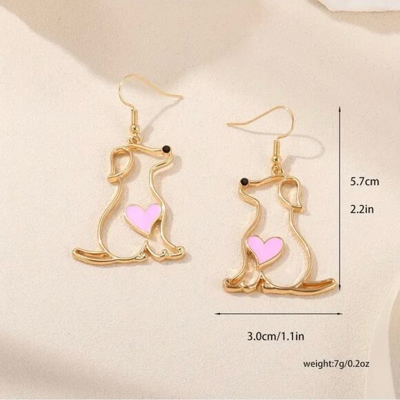 Dog Earrings Women Gold Tone Dangle Drop Pink Heart Pet Lover Gift Jewelry - Picture 4 of 5